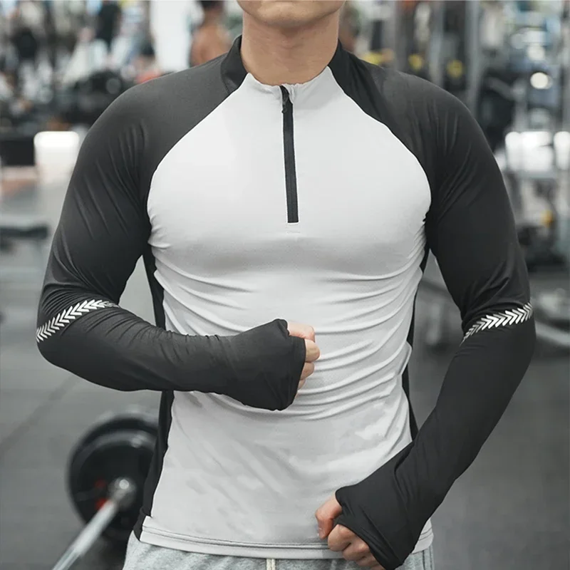 Men's Outdoor Sports Climbing Hiking Long Sleeve Stand Collar Zip-up Quick-drying Breathable Sweat-absorbent Elasticity T-shirt
