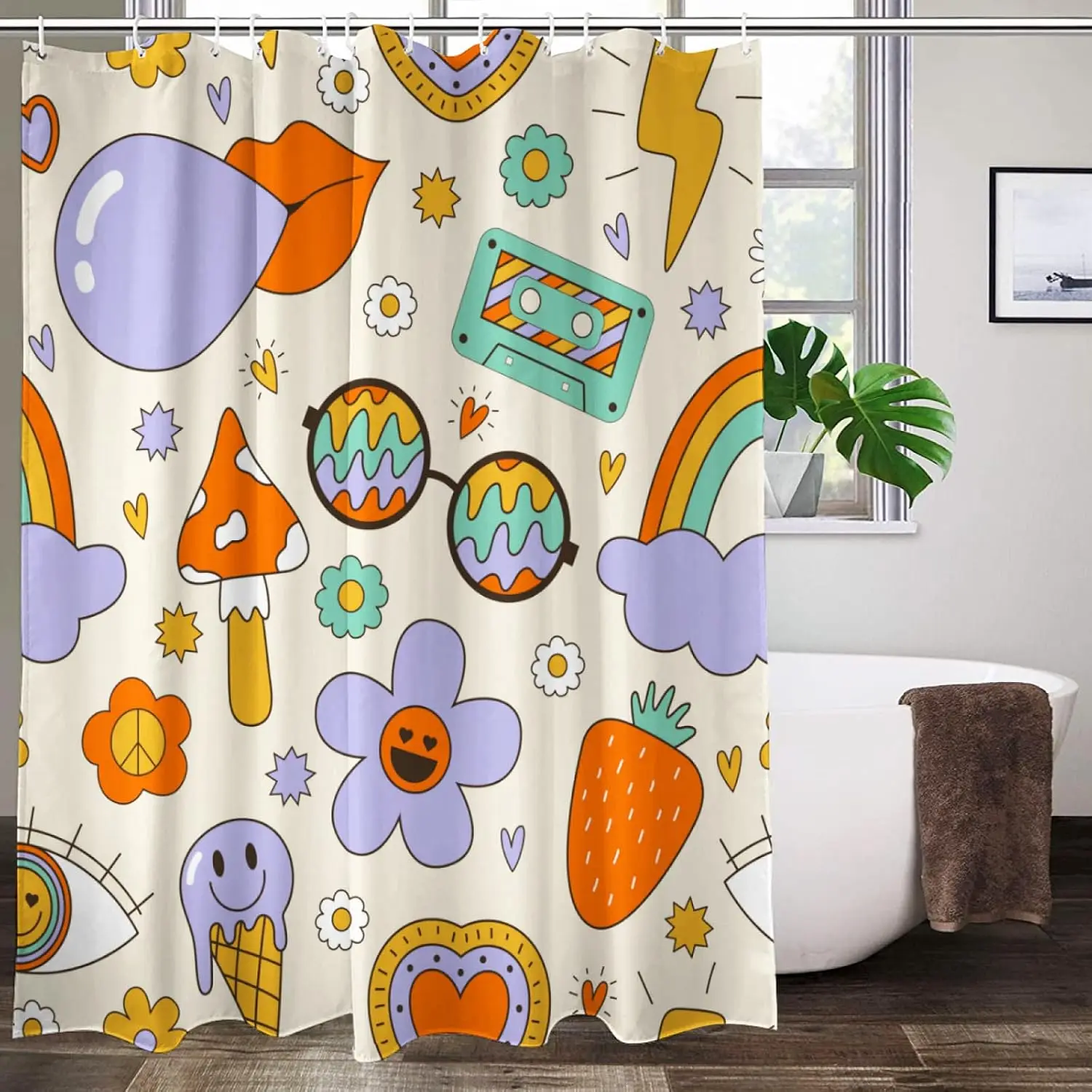 Retro Y2K Shower Curtain, Cute Mushroom & Rainbow Print Bath Screen, Waterproof Fabric Groovy Bathroom Decor