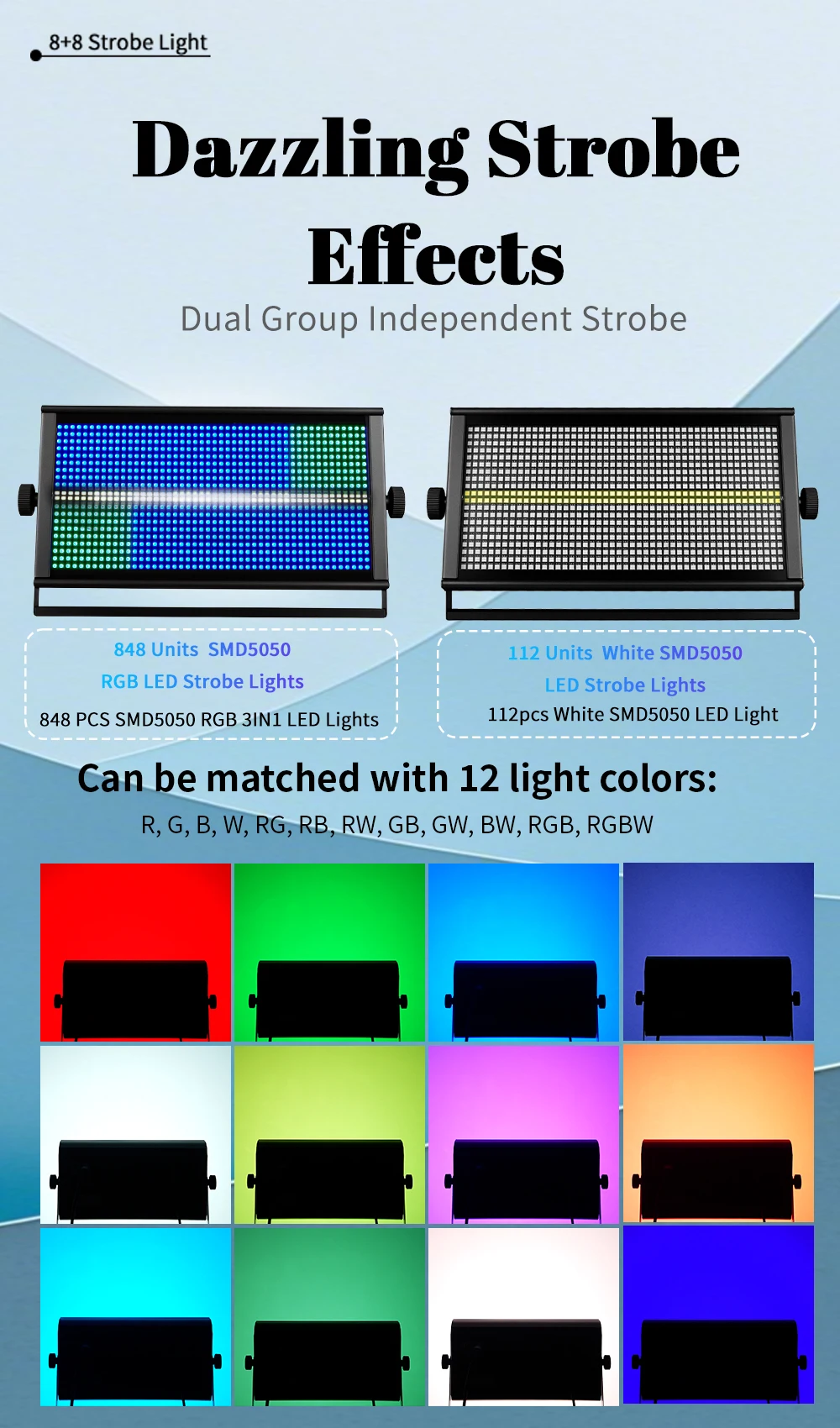 2 Stück 1000W 8+8 Stroboskoplicht RGBW 960LED Urlaubs-Ambientebeleuchtung DMX512 DJ Disco-Lichter für Lichtshows, Bars, Clubs und Bühnendekoration – Detail 6