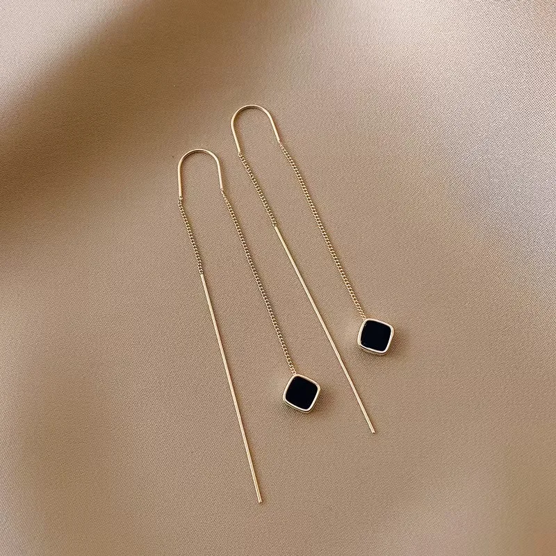 Simple Geometric Square Drop Earring For Women Korean Fashion Gold-color Line Long Tassel Dangle Earrings Party Jewelry Gift image 2