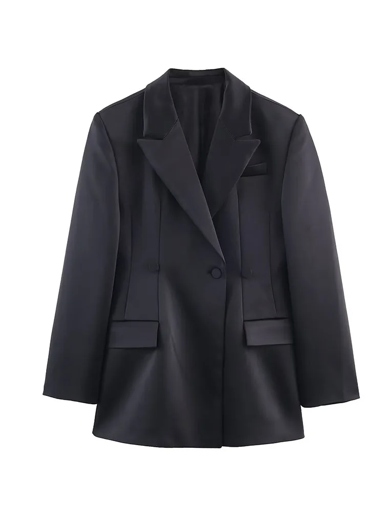 HH Woman Fashion Silk Texture Long Sleeves Pocket Buttons Decoration Blazer Female Autumn Commuting Street Style Casual Jacket