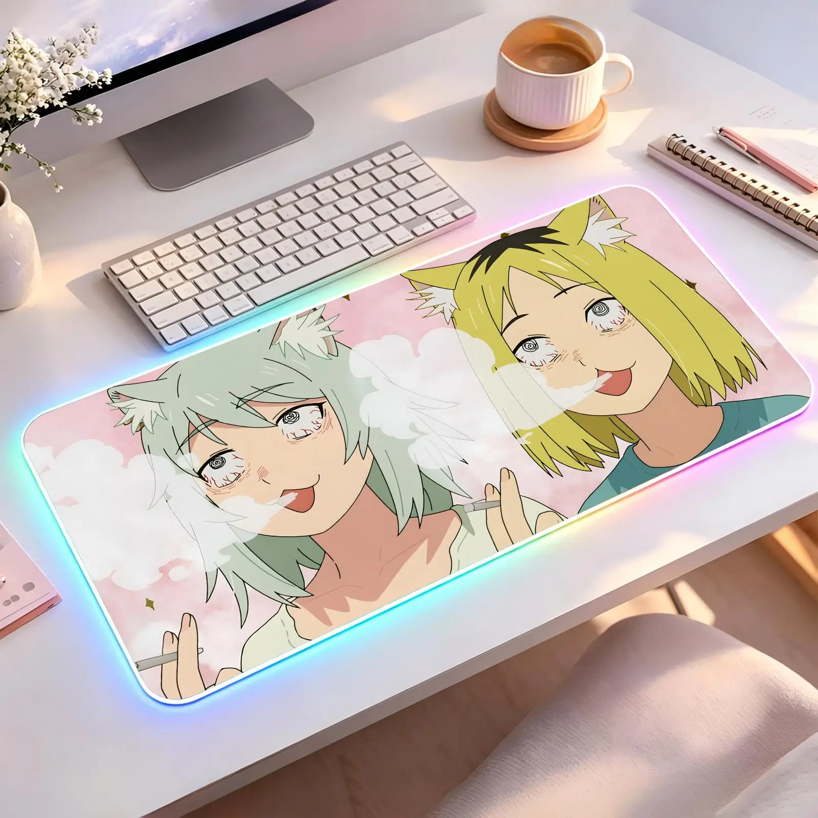 Mouse Pad Large RGB backlit esports gaming mouse pad, Chainsmoker Cat smooth soft cloth surface, LED luminous extended desk mat