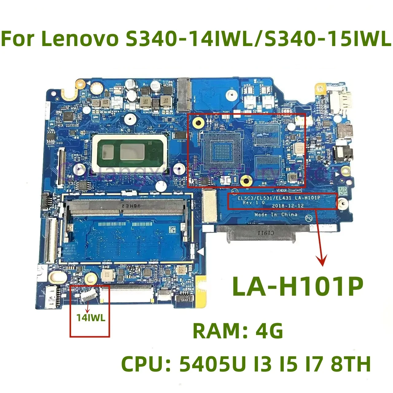 LA-H101P is suitable for Lenovo S340-14IWL/S340-15IWL laptop motherboard CPU: 5405U I3 I5 I7 8TH UMA RAM: 4G 100% test OK