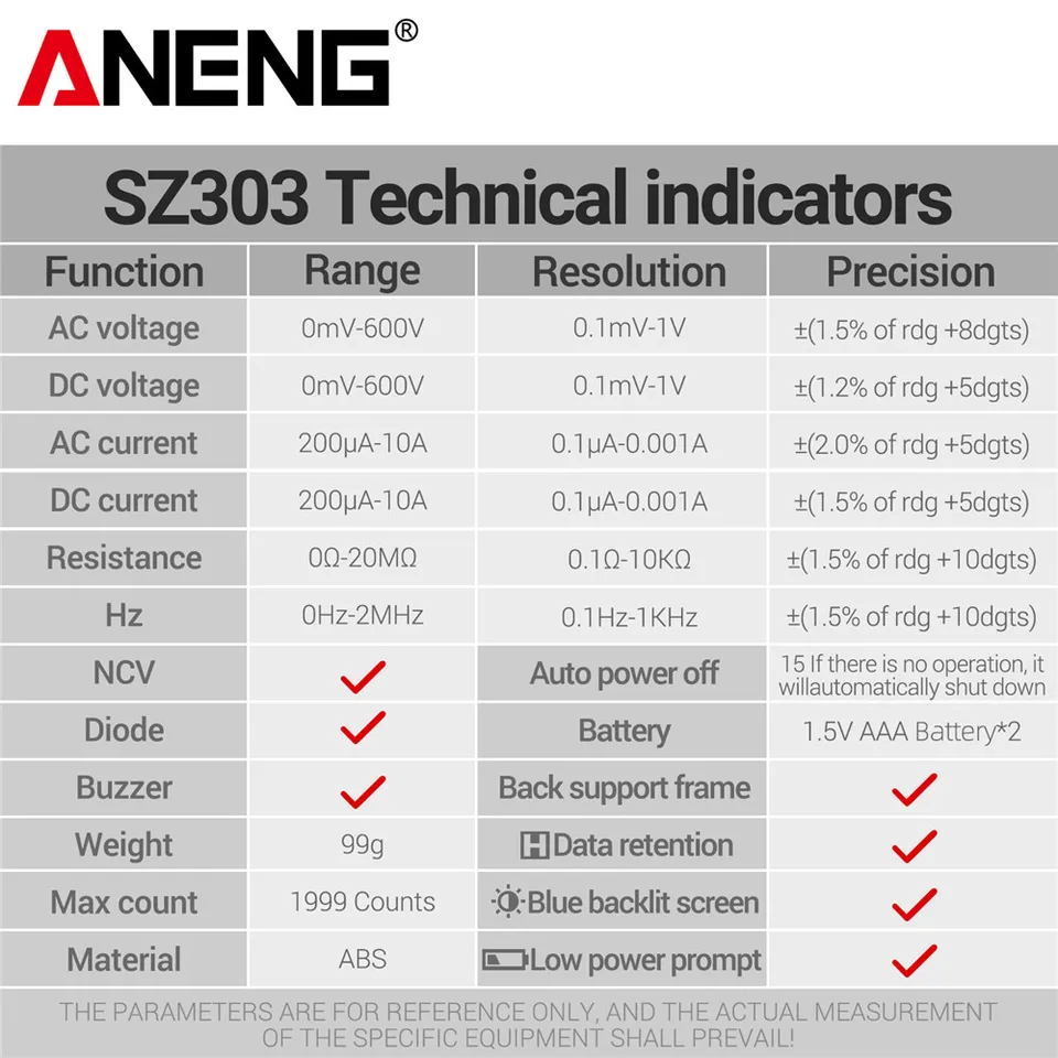 Multímetro digital profesional ANENG SZ303, detección de voltaje AC/DC y resistencia, alta precisión, herramienta de detección eléctrica profesional 6