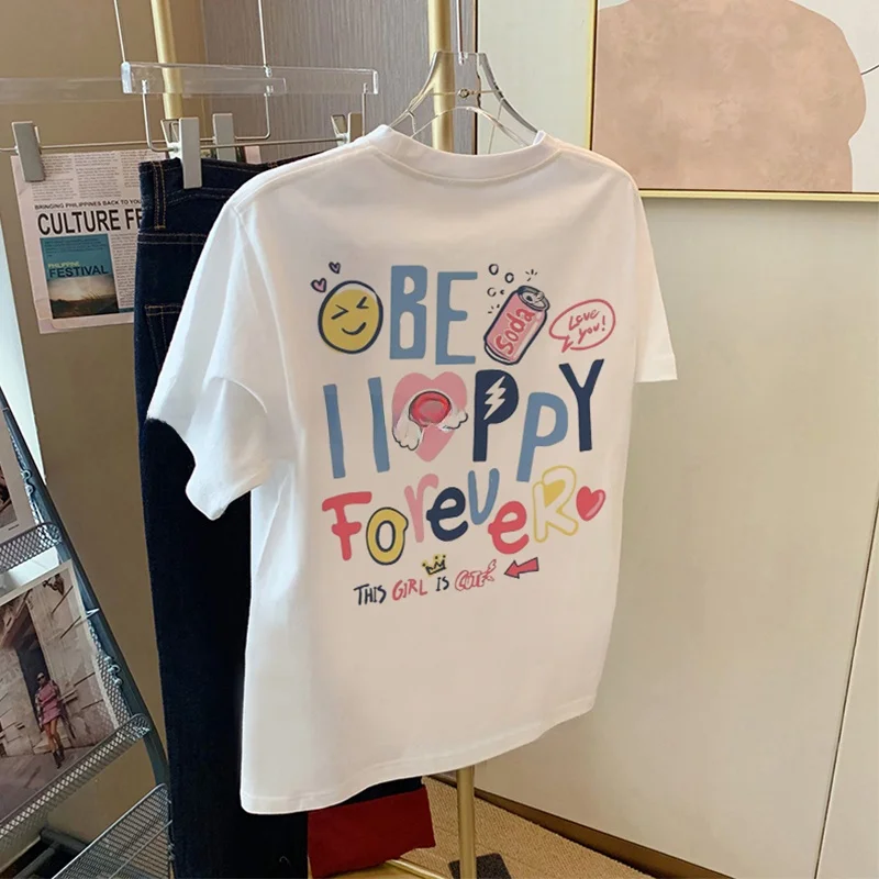 

Retro American Cotton Short Sleeve T-Shirt Women's Loose Versatile Design Cartoon Letter Print Summer Fashion Top