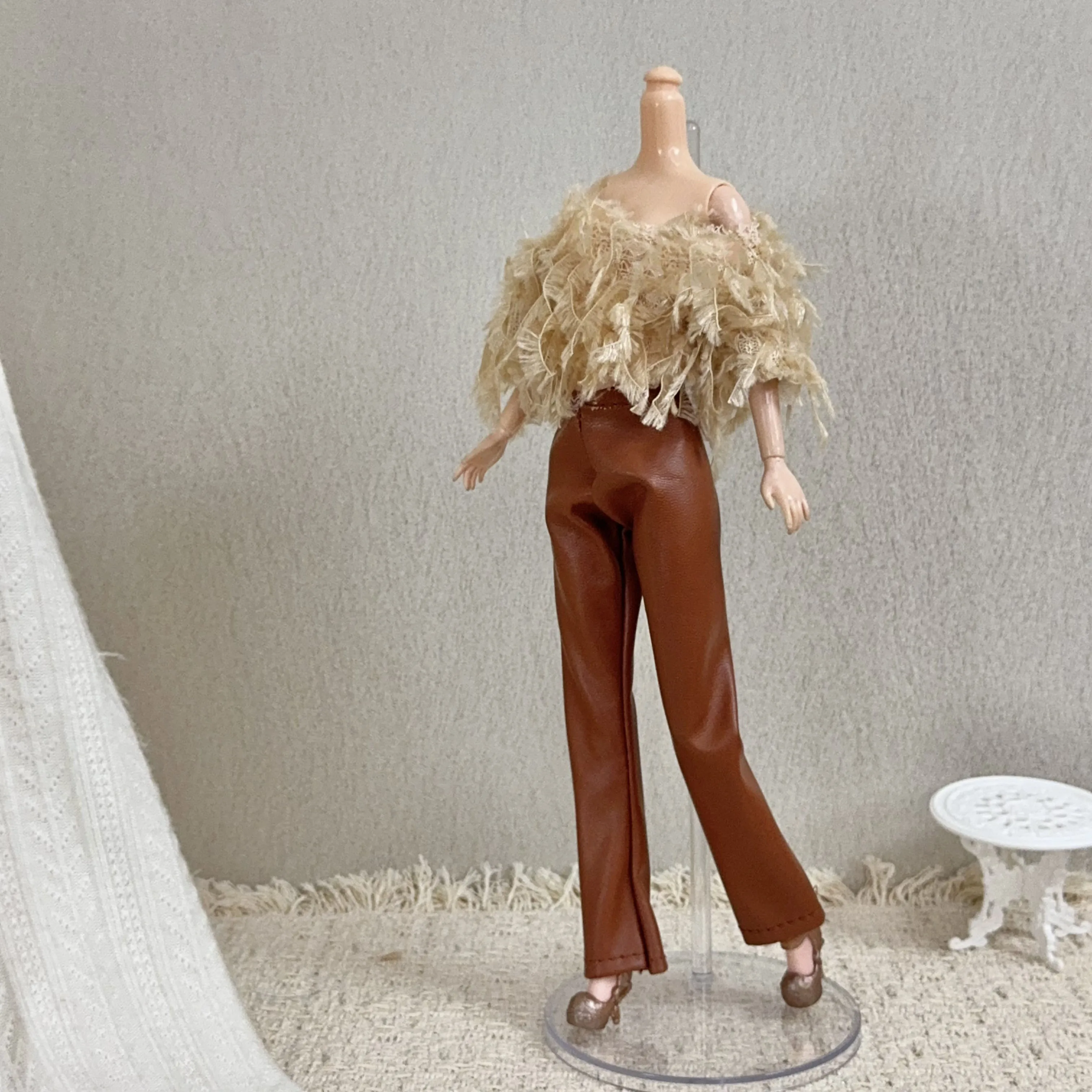 1/6 Doll Clothes Accessories Fashion Feather Off-the-shoulder Top+Leather Trousers+High Heels For 30cm Babi Supermodel Dress Up