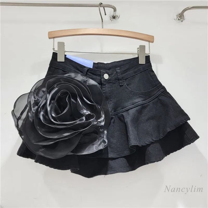 Short Ruffled Skirt with Three-Dimensional Large Flower 2024 Summer A- Type Light Blue Denim Skirt for Women Black White Faldas