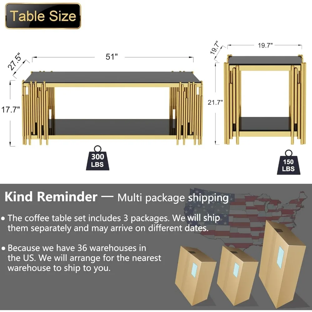 طقم طاولة قهوة زجاجية سوداء مكونة من 3 قطع، طاولة نهاية ذهبية حديثة لغرفة المعيشة، سطح مستطيل من الزجاج المقسى، ساق من الفولاذ المقاوم للصدأ، مربع