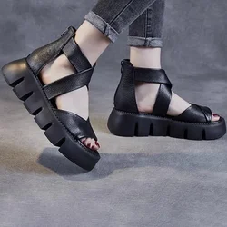 Retro Thick Soled Sandals for Women's Summer New Genuine Cow Leather Muffin Non-slip Shoes Fish Mouth Roman Sandal