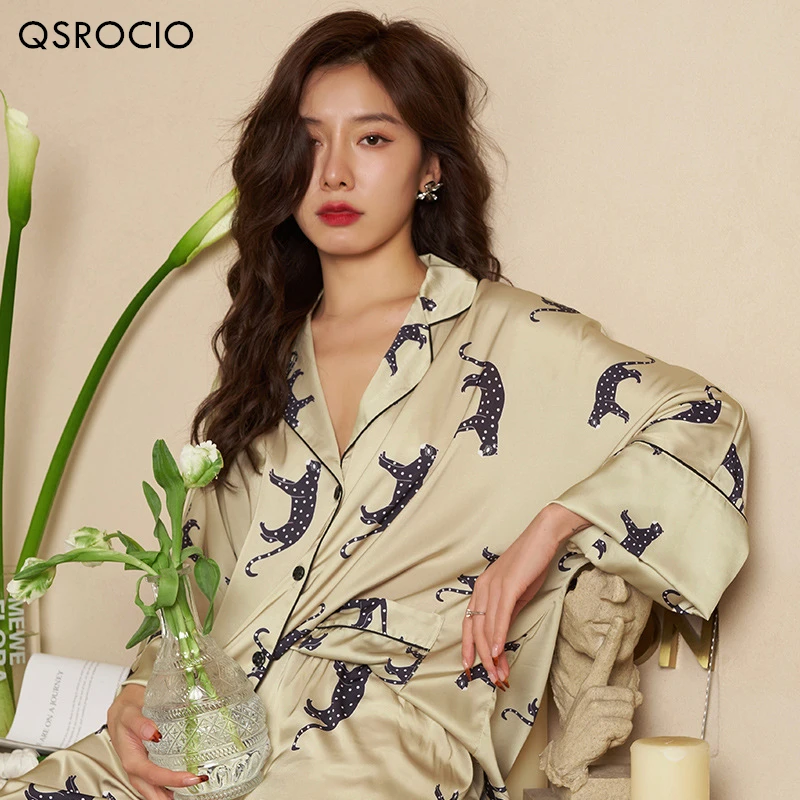 QSROCIO High Quality Women\'s Pajamas Set Luxury Leopard Print Loose Top Sleepwear Silk Like Nightwear Leisure Homewear Femme