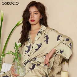 Qsrocio alta qualidade conjunto de pijamas femininos luxo leopardo imprimir solto pijamas de seda como pijamas lazer homewear femme