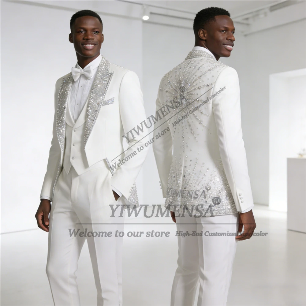 Luxury Beaded Crystals Men Suits Peaked Lapel Groom Wedding Tuxedos 3 Piece Male Prom Blazers Slim Fit Terno Masculinos Completo