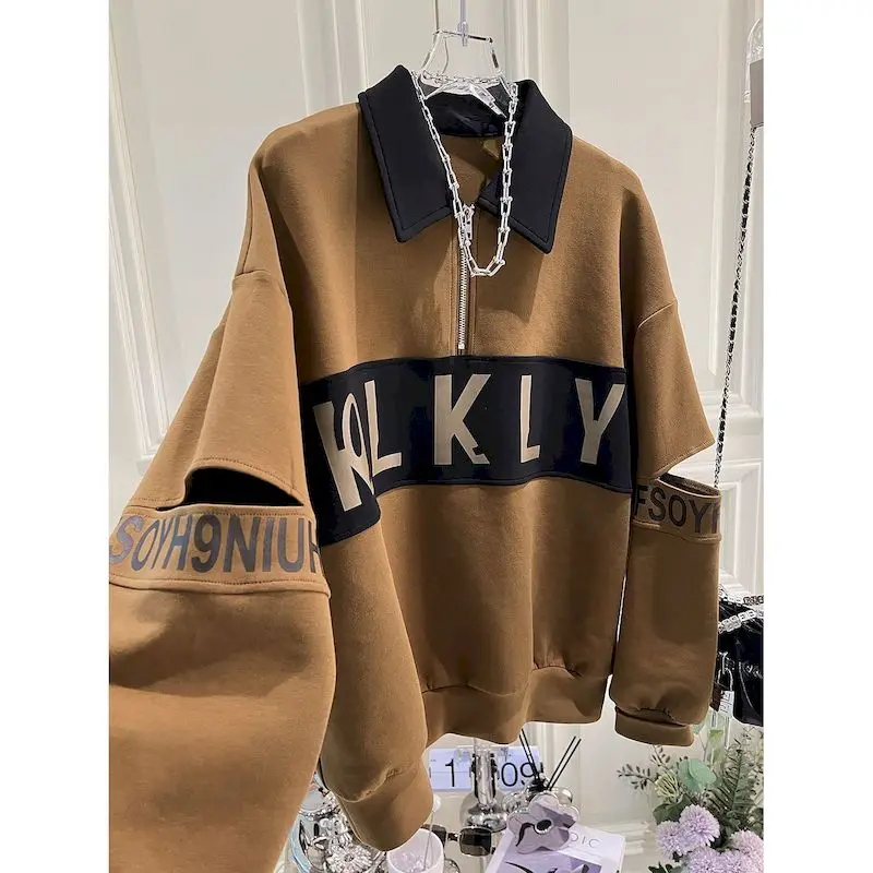 Korean Style Pullovers Women Fashion Design Broken Sleeve Pullover Casual Loose Lapel Tops Spring Autumn Trendy Sweatshirts Y2k