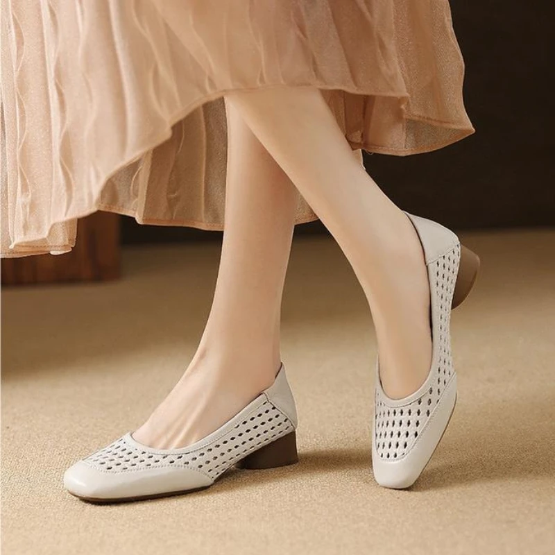 2026 New Fashion Women's Summer Design Temperament Hollow High Heel Shoes Leather Square Head Shallow Mouth Shoes Zapatos Mujer view 6