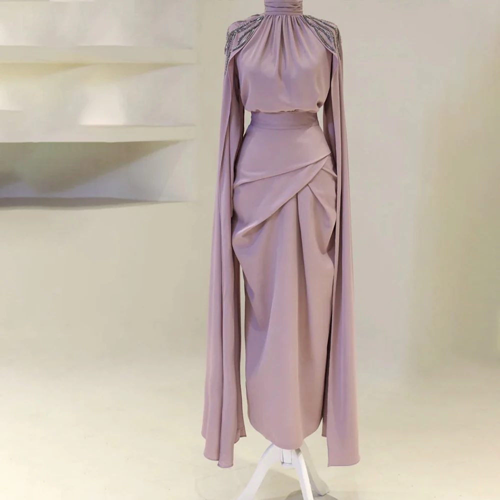 Elegant Muslim Evening Dresses High Neck Long Floating Sleeve Wedding Guests Dress with Beading Pleat Formal Occasion Customized