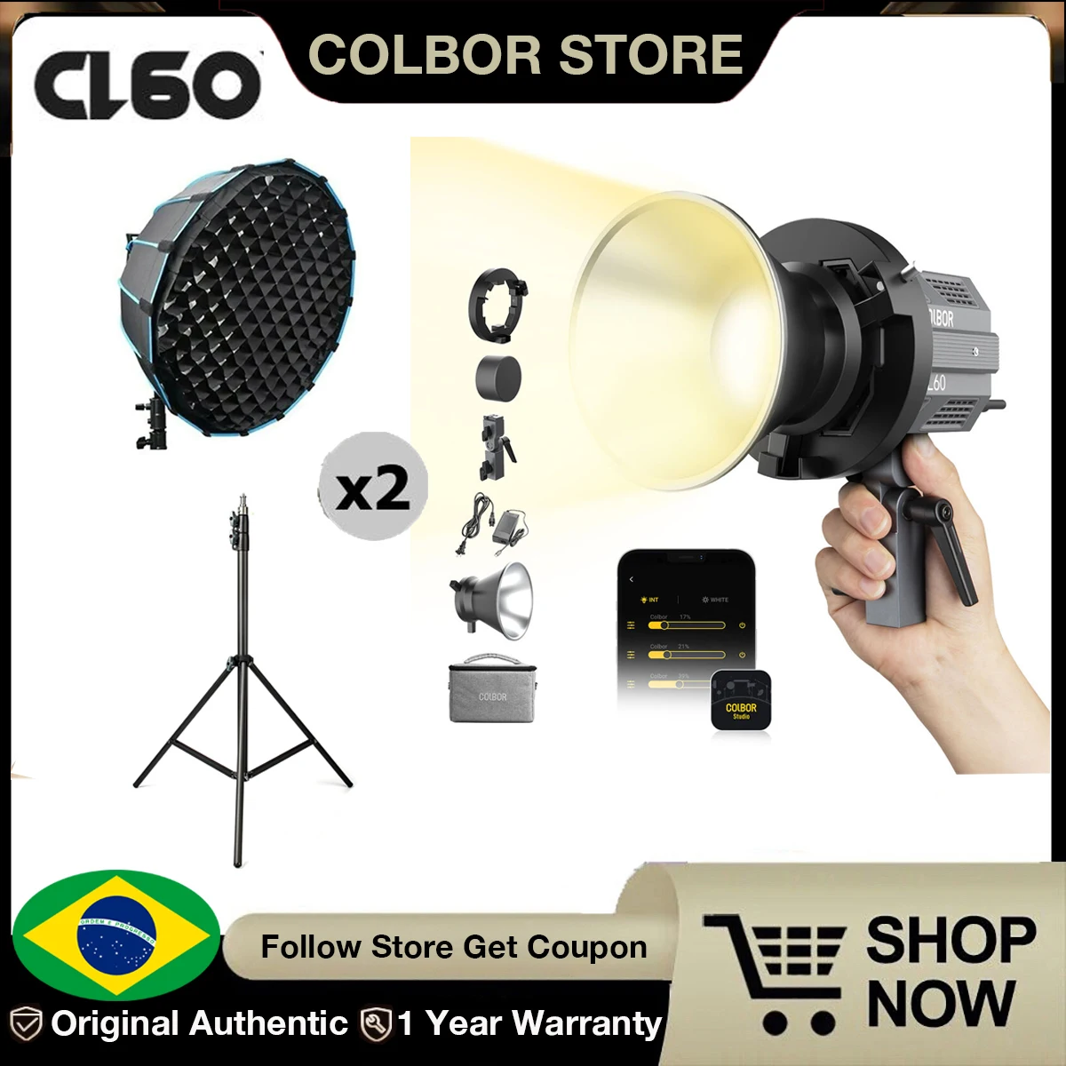 【Do Brazil】COLBOR CL60 Bicolor COB LED Video 2 Light Kit with Softbox Stand Continuous Output Lighting 65W 2700k-6500K App