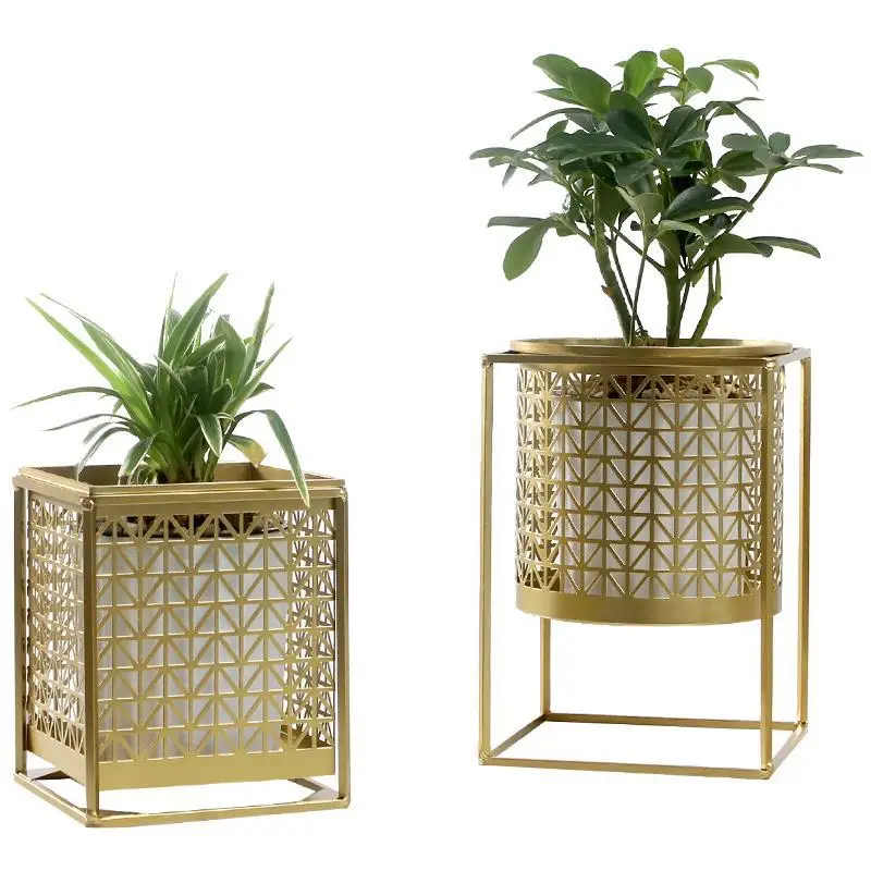 

Nordic light luxury gold hollowed flower pot creative fashion balcony plant stand simple atmosphere indoor decorative shelf