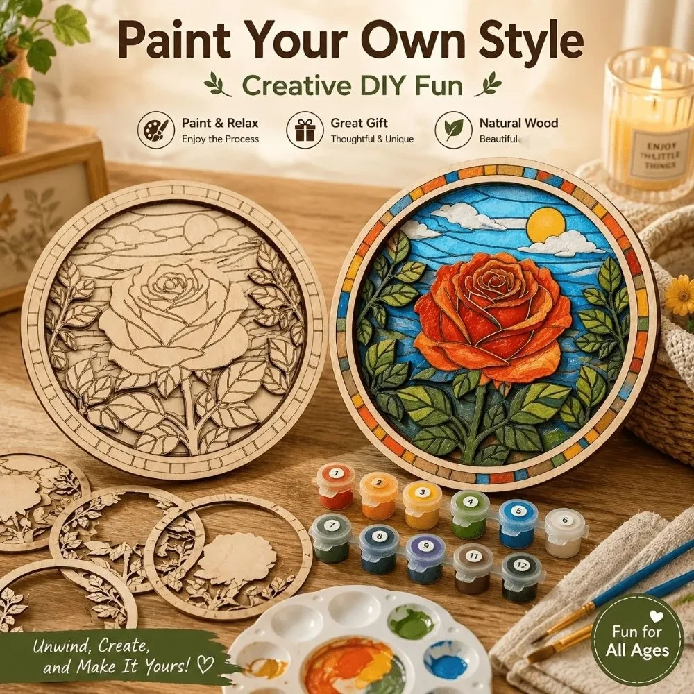 Creative Crafts 3 Layers Wooden Rose Painting Set 2D Flat Coloring Flower Rose Art Set Art Craft DIY Painting Home Decoration