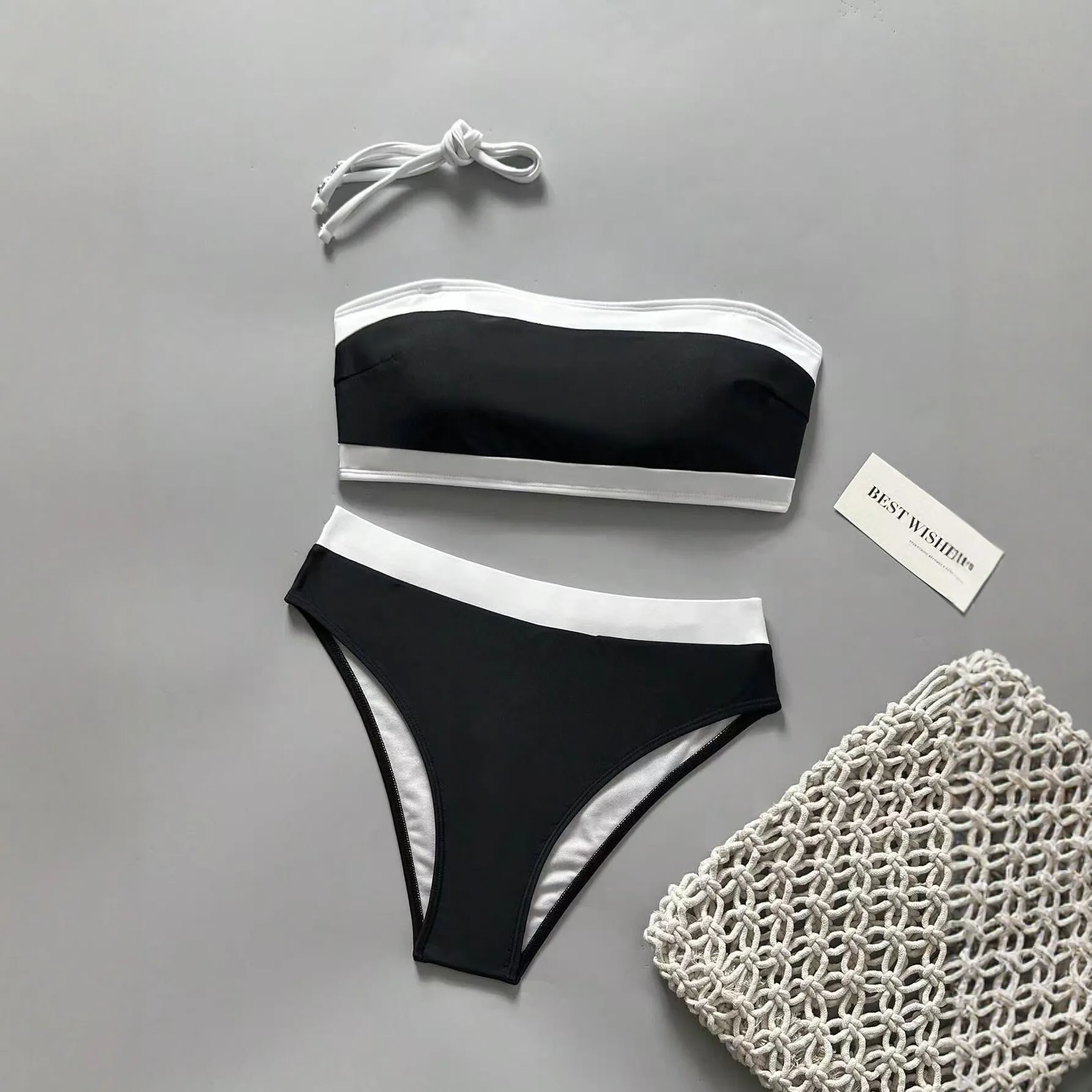 Women Contrast 2 Piece Bikinis Set Bathing Suit Wide Band Bandeau Bikini Halter String High Cut Cheeky Siwmsuits Pool Swimwear