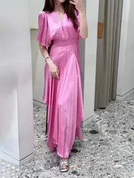 Women Pink Satin Robe V-Neck Short Sleeve Pleated Elastic Waist Irregular Elegant Summer 2024 Maxi Dress