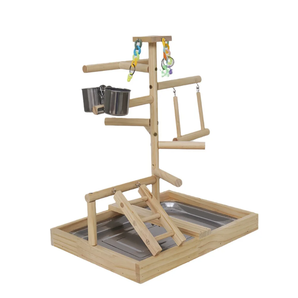 

Pet Parrot Playstand Bird Playground Wood Bird Play Stand With Colorful Ladder Tray Feeder Cups Swing And Toys For Cockatiel