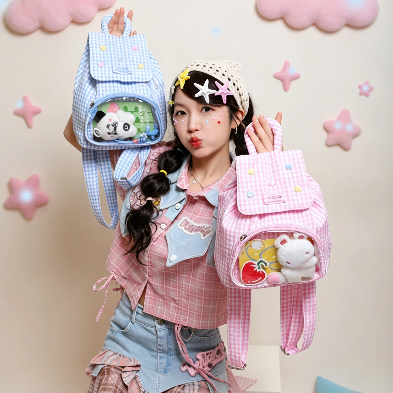 Striped contrast-color canvas ita bag - lightweight, check pattern, sweet, student schoolbag, cute lady's small backpack
