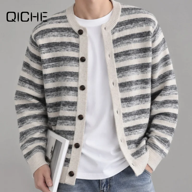 QICHE Men Heavyweight Striped Knit Cardigan, High Quality Versatile Long Sleeve Sweater with Premium Aesthetic