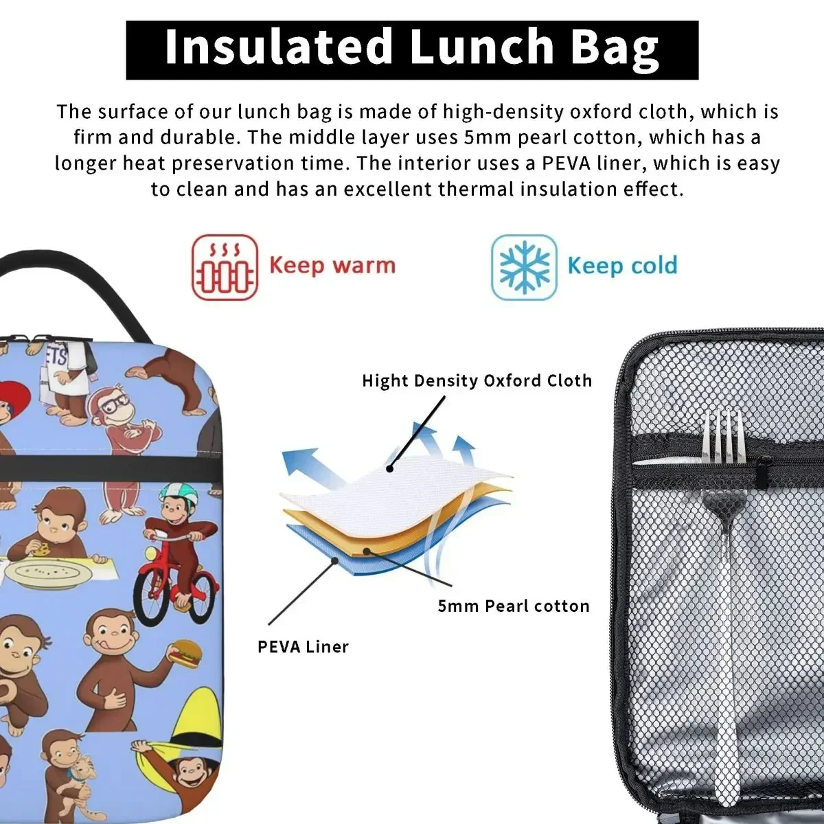 Custom Bag Custom Anime Curious George Monkey Insulated Lunch Bag For Women Children Leakproof Food Boxes Thermal Lunch Box Tote