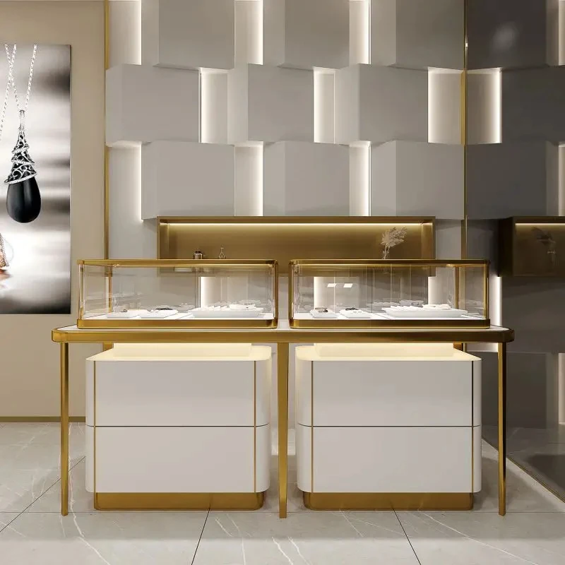 custom.Myshine Tempered Glass LED Light Showcase Display Custom Modern Style Shopping Mall Retail Metal Material