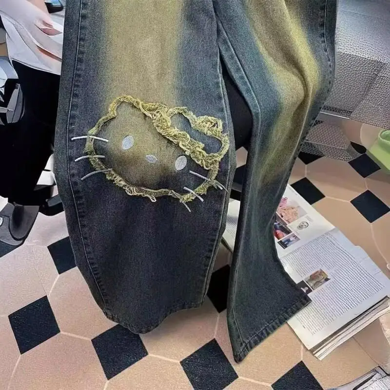 

Джинсы женские Sanrio Hello Kitty, широкие, джинсовые, осенне-зимние, новый стиль, ретро, с вышивкой, в китайском стиле, модные, прямые штанины