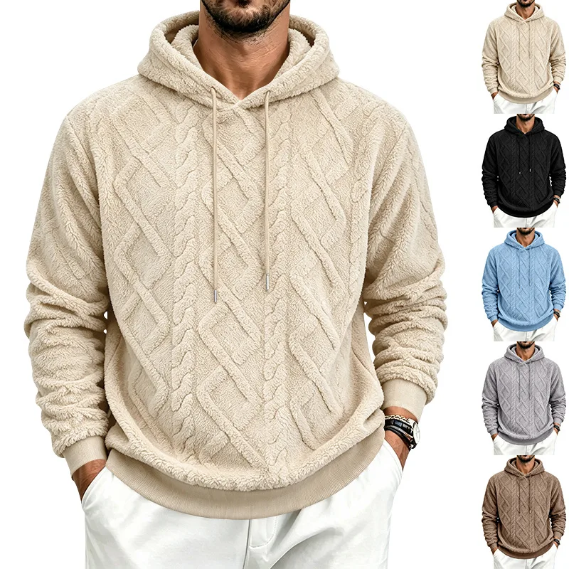 Men Diamond Cable Embossed Sherpa Fleece Hoodie, Drawstring Hood Front Pocket Fluffy Plush Pullover, Warm Long Sleeve Autumn