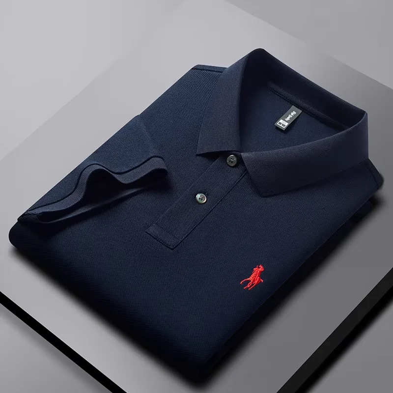 High end 100% cotton men's short sleeve solid color polo shirt light luxury brand embroidered business casual summer New T-shirt image 3