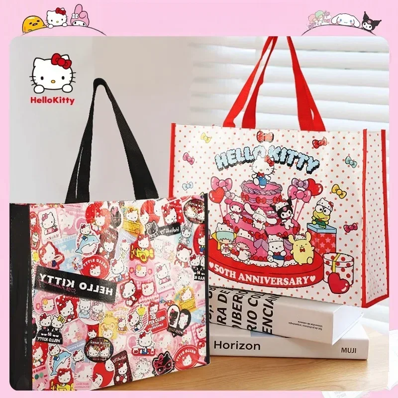 Anime Sanrios HelloKittys 50th Anniversary Cartoon Cute Hand Shopping Bag Kawaii Environmentally Friendly Plastic Woven Bag Gift