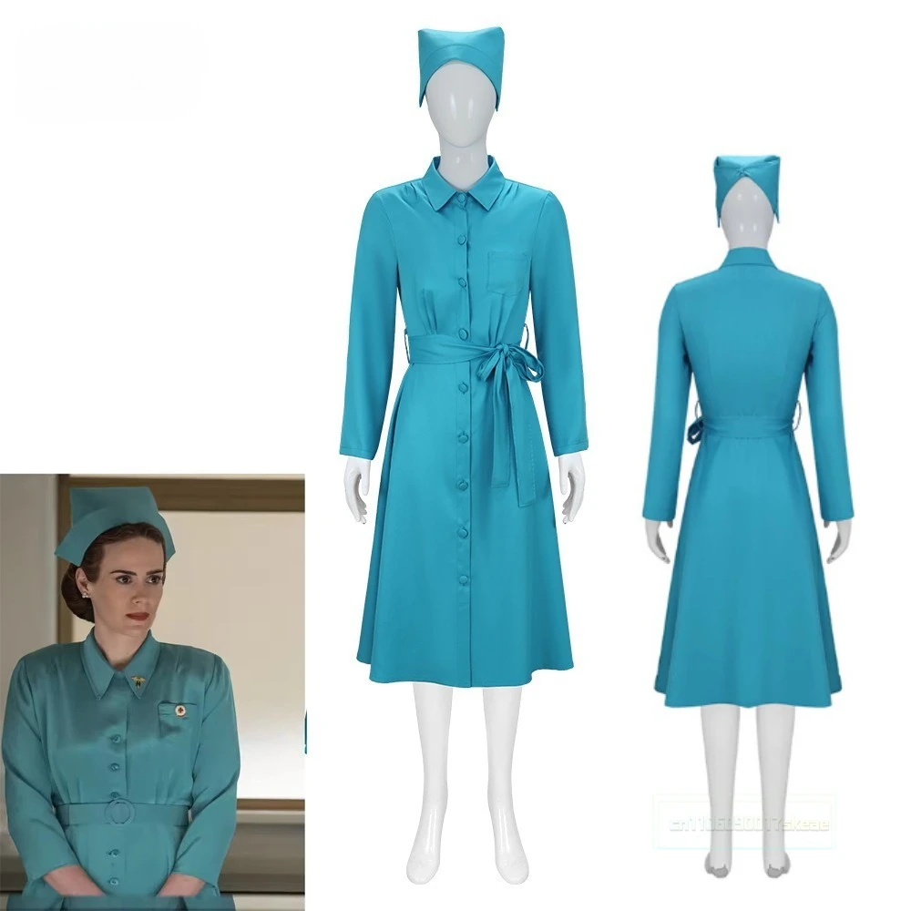 

Mildred Ratched Nurse Cosplay Costume Women Blue Long Dress with Hat Halloween Nurse Role Play Fantasy Carnival Clothing