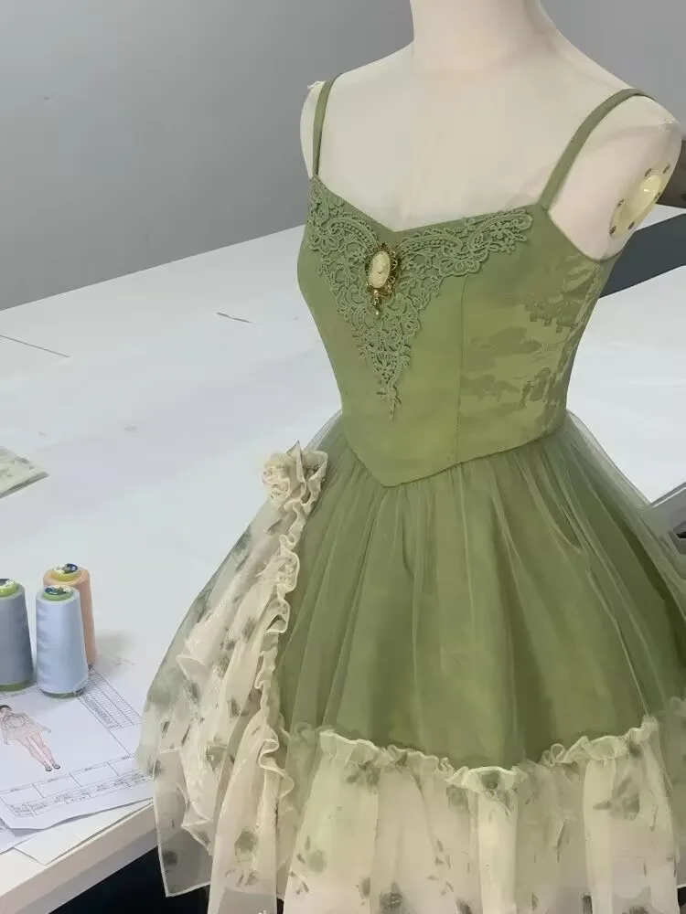 فستان Y2k صيفي بنمط خرافي للنساء بحزام نحيف وحاشية مكشكشة من الدانتيل فساتين كلاسيكية مرقعة شبكية أنيقة كاواي جمالية مثيرة