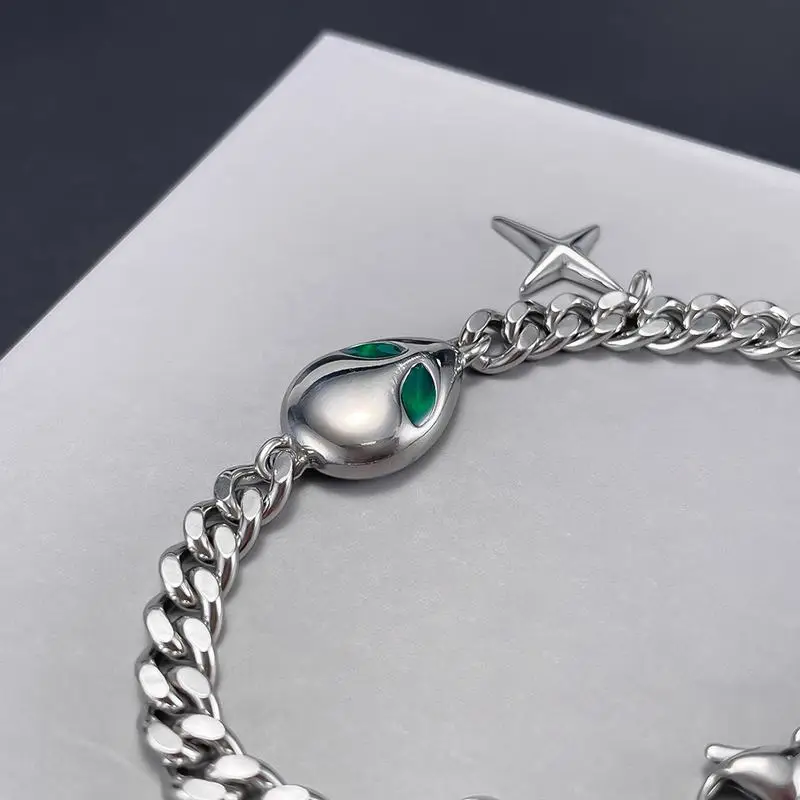 10Pieces Retro Fashion Versatile Alien Accessories Couple Personalized Hip Hop Cuban Chain Stainless Steel Bracelet Male
