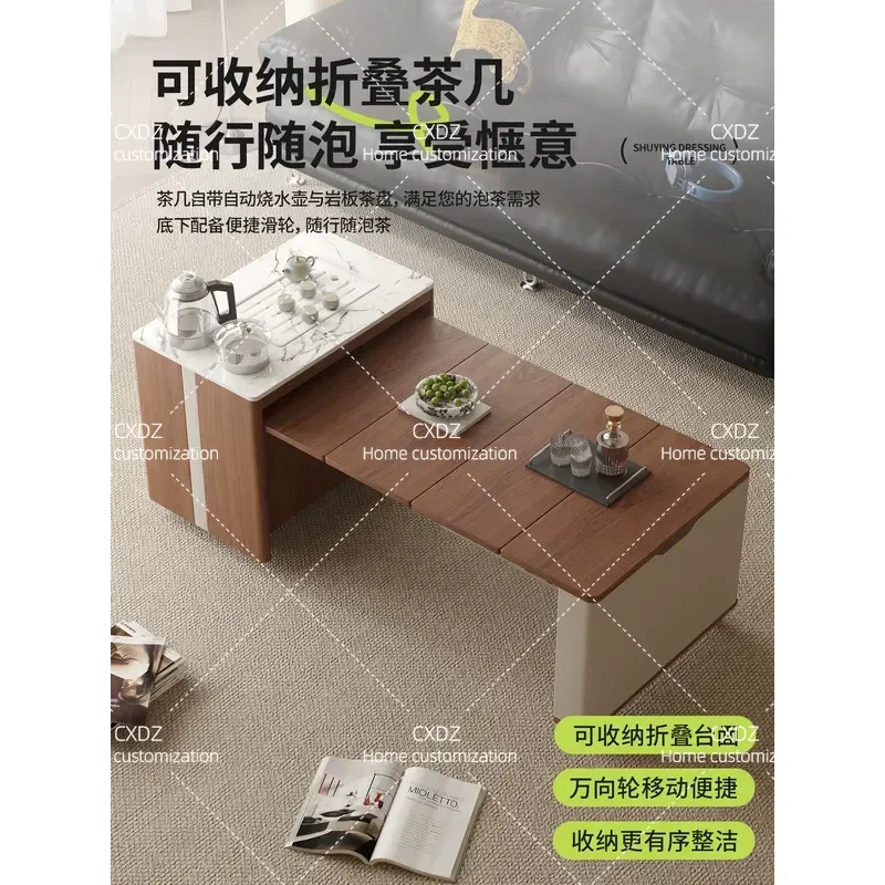 Movable Solid Wood Edge Telescopic Folding Coffee Table Multi Functional Tea Table for Living Room Balcony Household Use