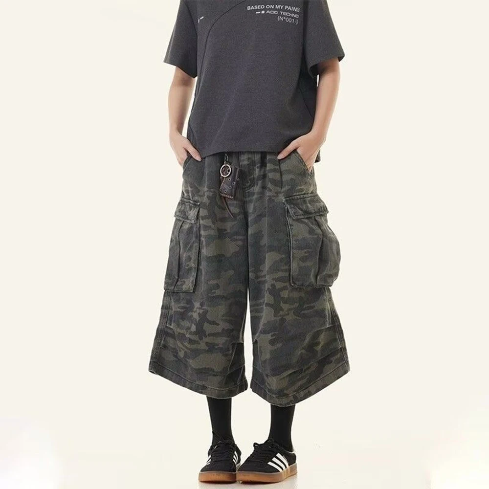 

2025 Summer New Men's Camouflage Straight Denim Cropped Pants Retro American Fashion Trend Street Loose Casual Men's Bottoms