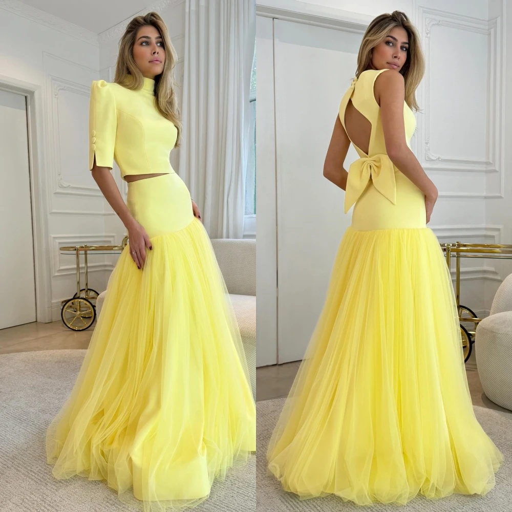 

Customized Formal Gown Prom Saudi Arabia High Collar Mermaid Floor Length Open Back Skirts Draped Tulle Bespoke Occasion Dresses