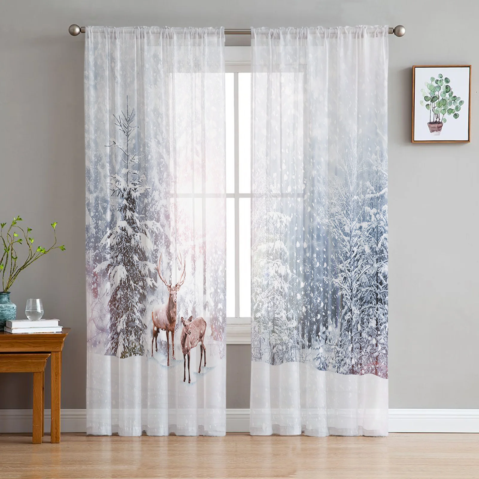 Snowing Winter Elk Christmas Tulle Curtains for Living Room Decoration Bedroom Sheer Curtains Room Kitchen Window Treatment