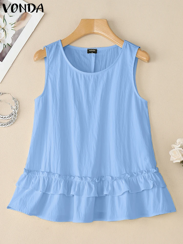 

VONDA Sleeveless Tanks Women Solid Tees 2025 Summer Tops Fashion Round Neck Casual Loose Tank Tops Tunic Korean Ruffled Shirts