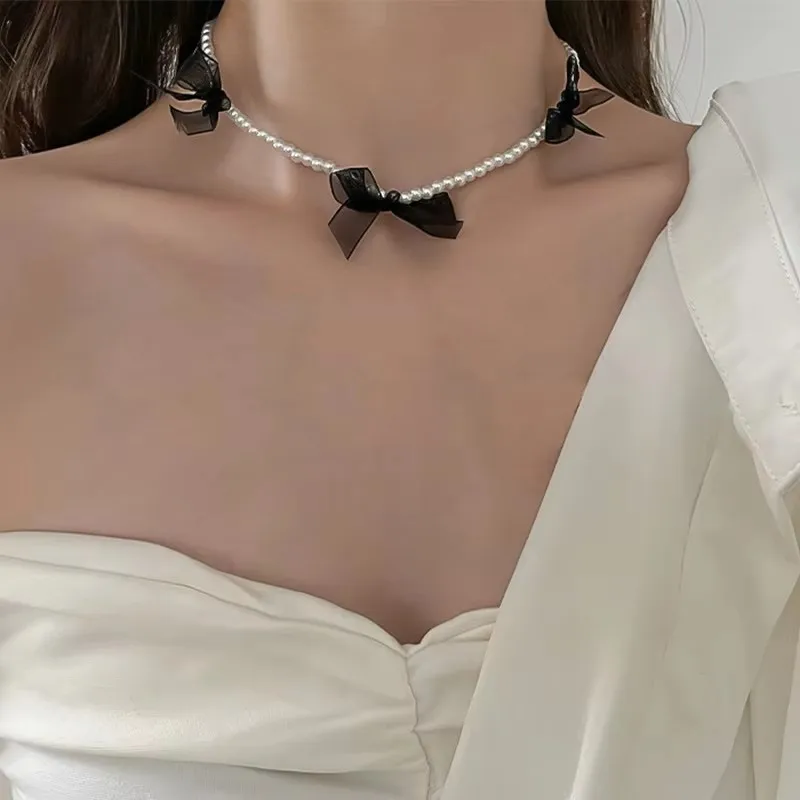 Korean Girl Fashion New Necklace Female Summer Niche Design Sense Wild Net Red Pearl Bow Necklace Women Wholesale Sales Collares