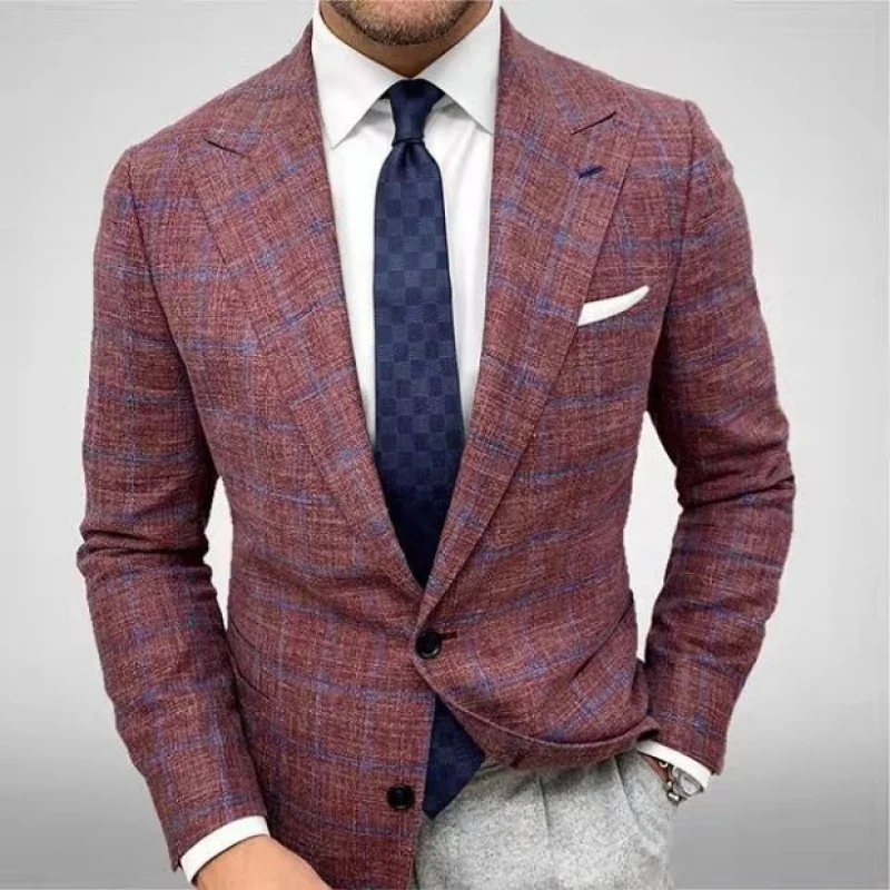 2025 Spring and Autumn Casual Fashion Checkered Texture Suit Jacket Men's business Office Outdoor Lapel long-sleeved coat