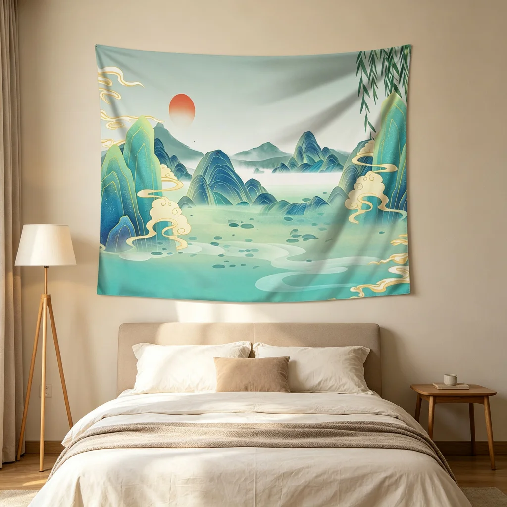 1PC Chinese Sunrise Print Backdrop Banner, Bedroom Living Room Photo Background, Polyester Wall Hanging, Home Decor, Wall Art