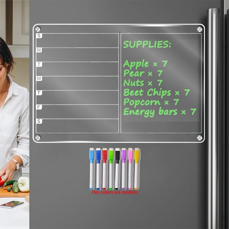 Acrylic Magnetic Meal Planner Menu Board for Kitchen Fridge w/ 8 Markers, Clear Refrigerator Weekly Dry Erase