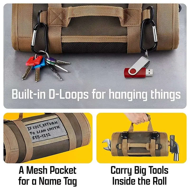 B23B Roll Up Tool Bag Organizer-Heavy Duty Motorcycle Tool Storage Bag With Detachable Pouch Compartments