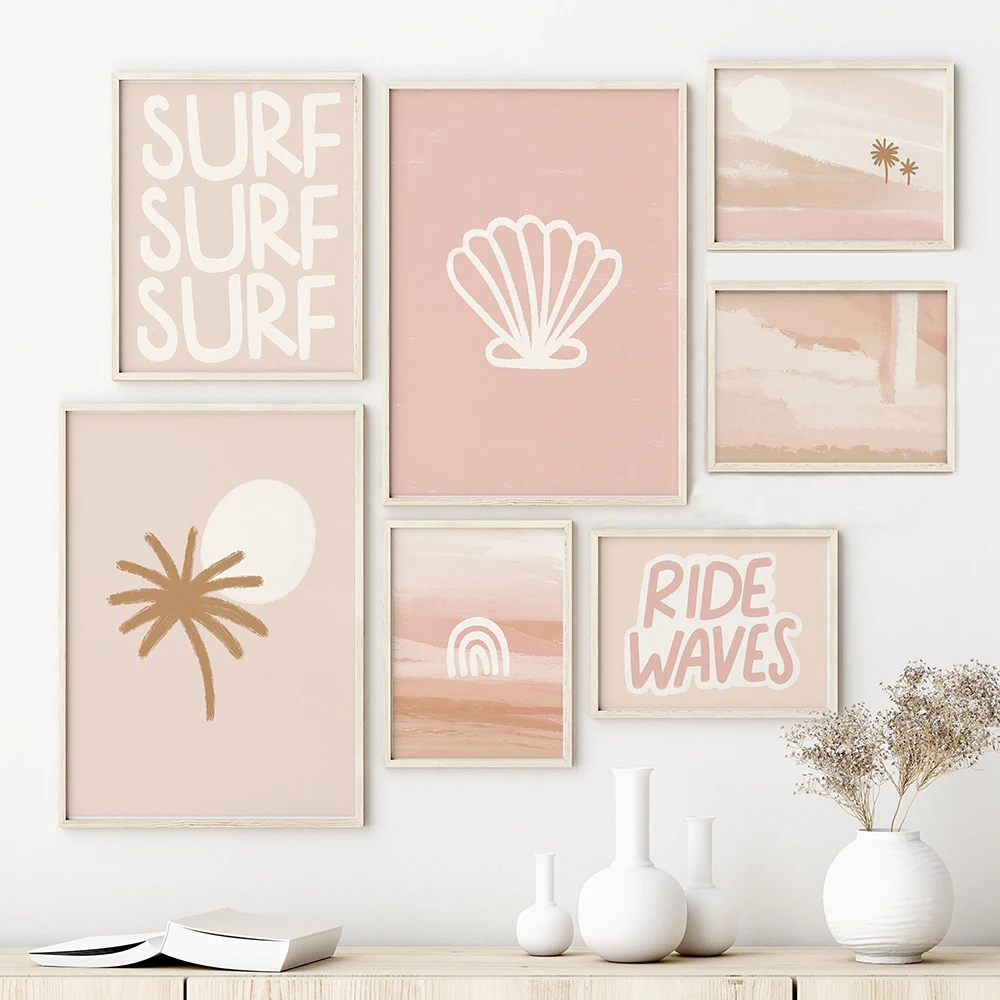 Modernes Landschaftsposter, Surf Ride Waves, rosa Muschel, Leinwandgemälde, Palme, Wandkunst, Bilder, minimalistisches Boho für Heimdekoration