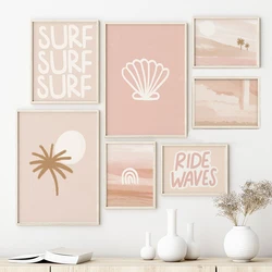 Modern Landscape Poster Surf Ride Waves Pink Seashell Canvas Painting Palm Tree Wall Art Pictures Minimalist Boho for Home Decor