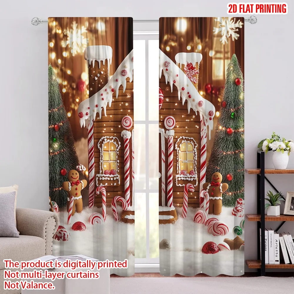 

2Pcs 2D flat printingChristmas Winter Curtains Gingerbread House Merry Xmas Snow Tree Eve Party Snowflake Suitable For Bedroom