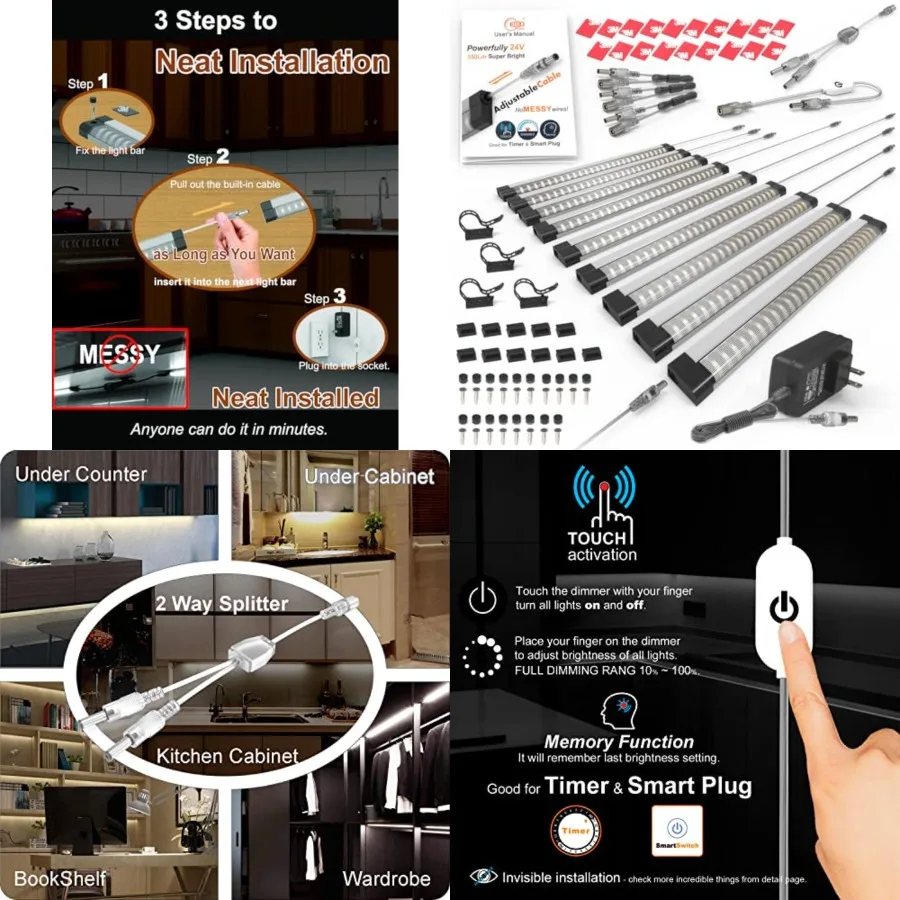 

Under Cabinet Lighting Touch Under Cabinet Lights Built-in 45cm Adjustable Cable, Splitter and 3 External Cable, 9 Panel 3150Lm
